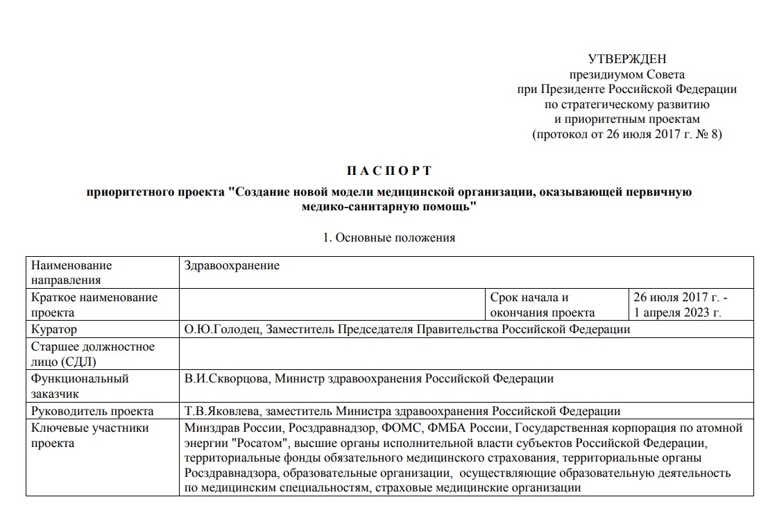 Создание новой модели медицинской организации оказывающей первичную медико санитарную помощь проект